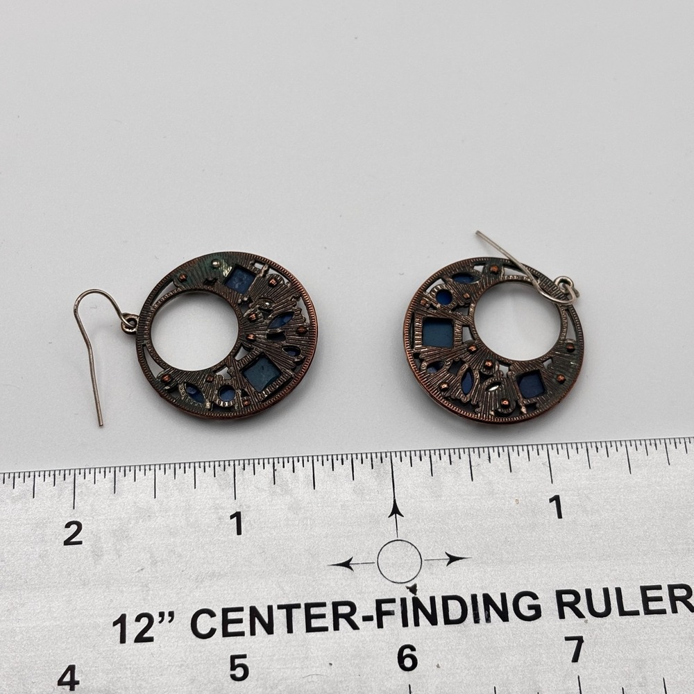Vintage 90s Bronze Tone Open Hoop Dangle Earrings Multi Blue Rhinestone Jewelry - Picture 11 of 11